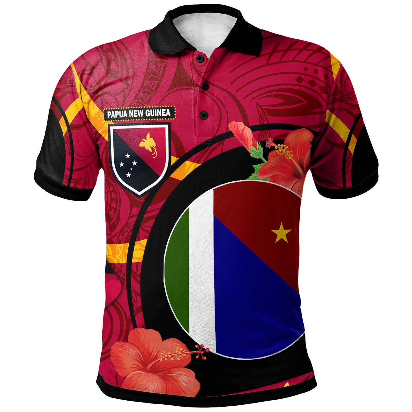 Papua New Guinea Polo Shirt - Milne Bay Flag of PNG with Hibicus and Polynesian Culture Polo Shirt