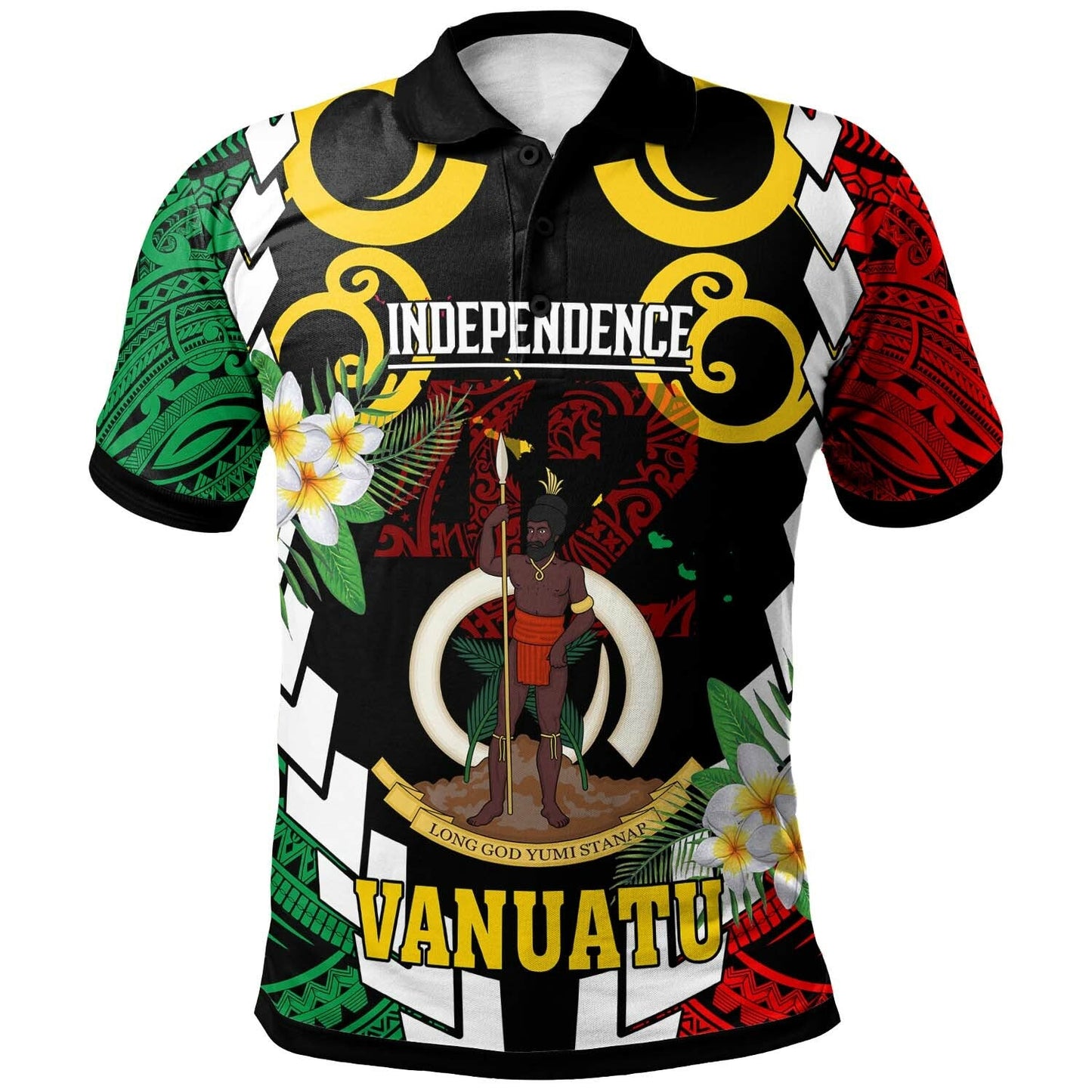 Vanuatu Polo Shirt - Vanuatu Independence Anniversary Plumeria Flower and Polynesian Patterns Polo Shirt