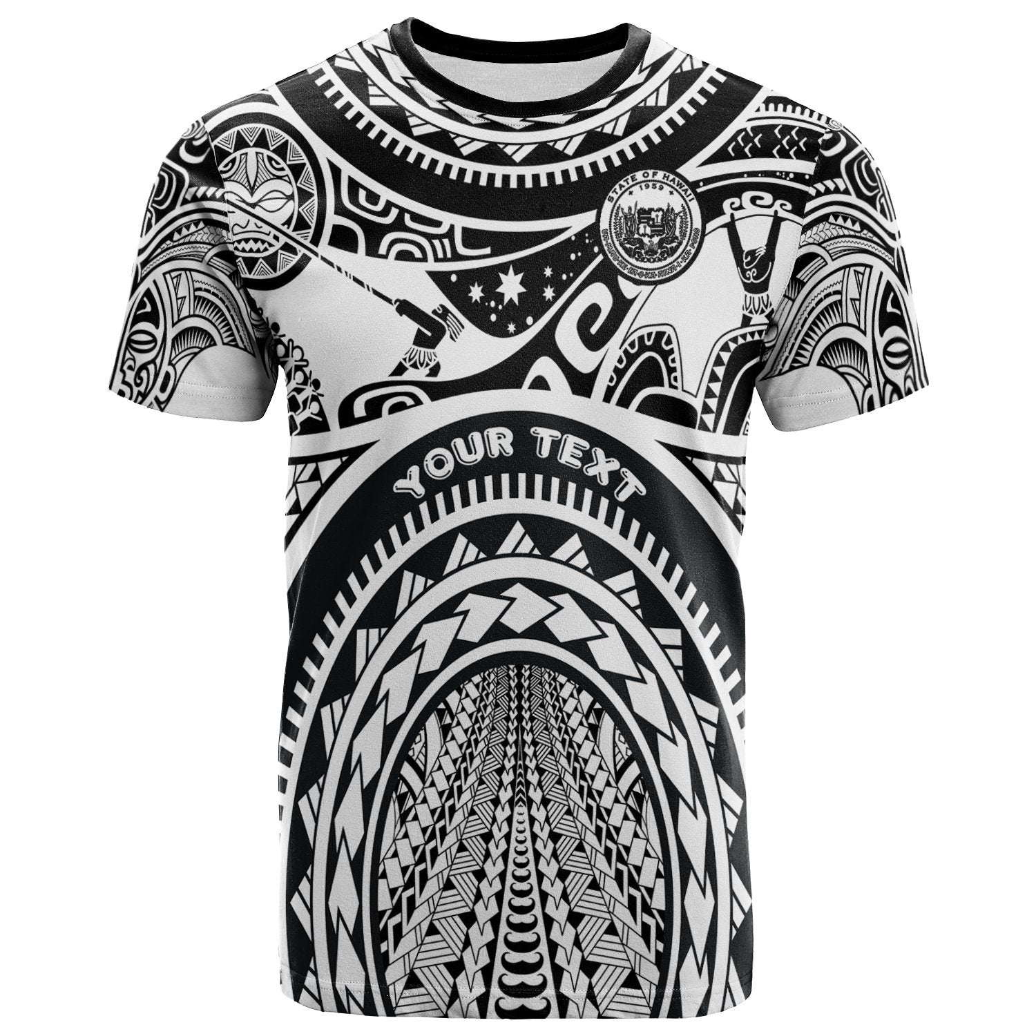 (Custom Personalised) Hawaii T Shirt Coat of Arm Hawaii & Polynesian Patterns Maui Tattoo