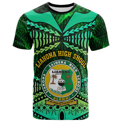 Tonga Custom T-Shirt - Liahona High Shool With Tonga Patterns With Green Effect