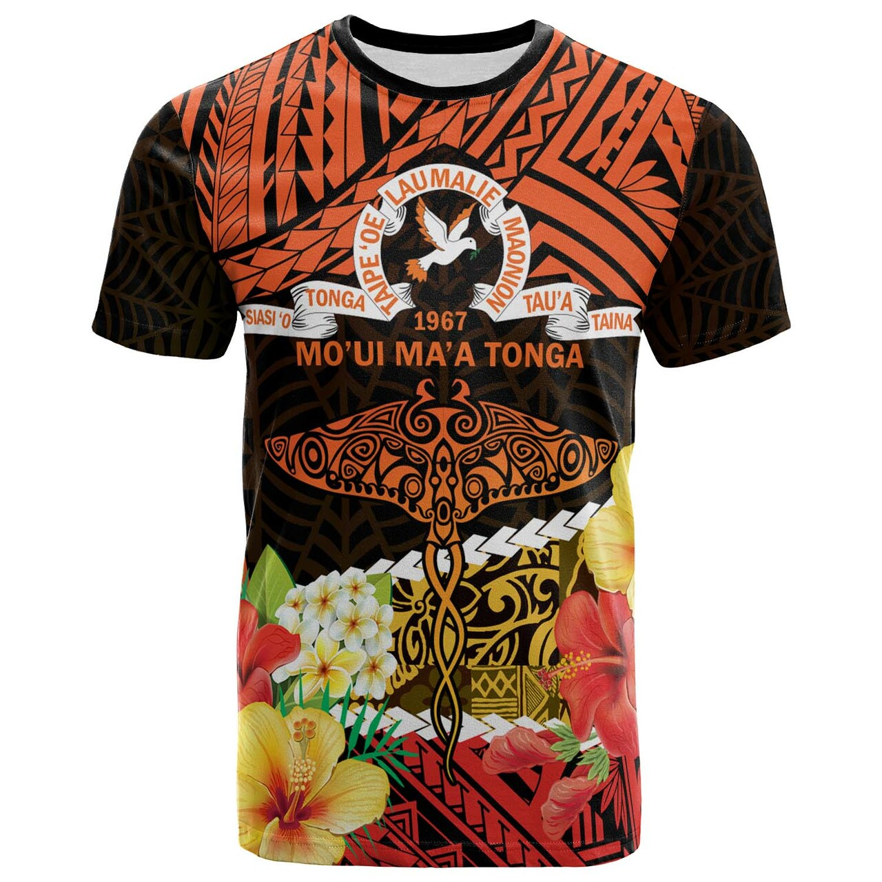 Tonga Custom T-Shirt - Tailulu College Polynesian With Flower And Tonga Pattern