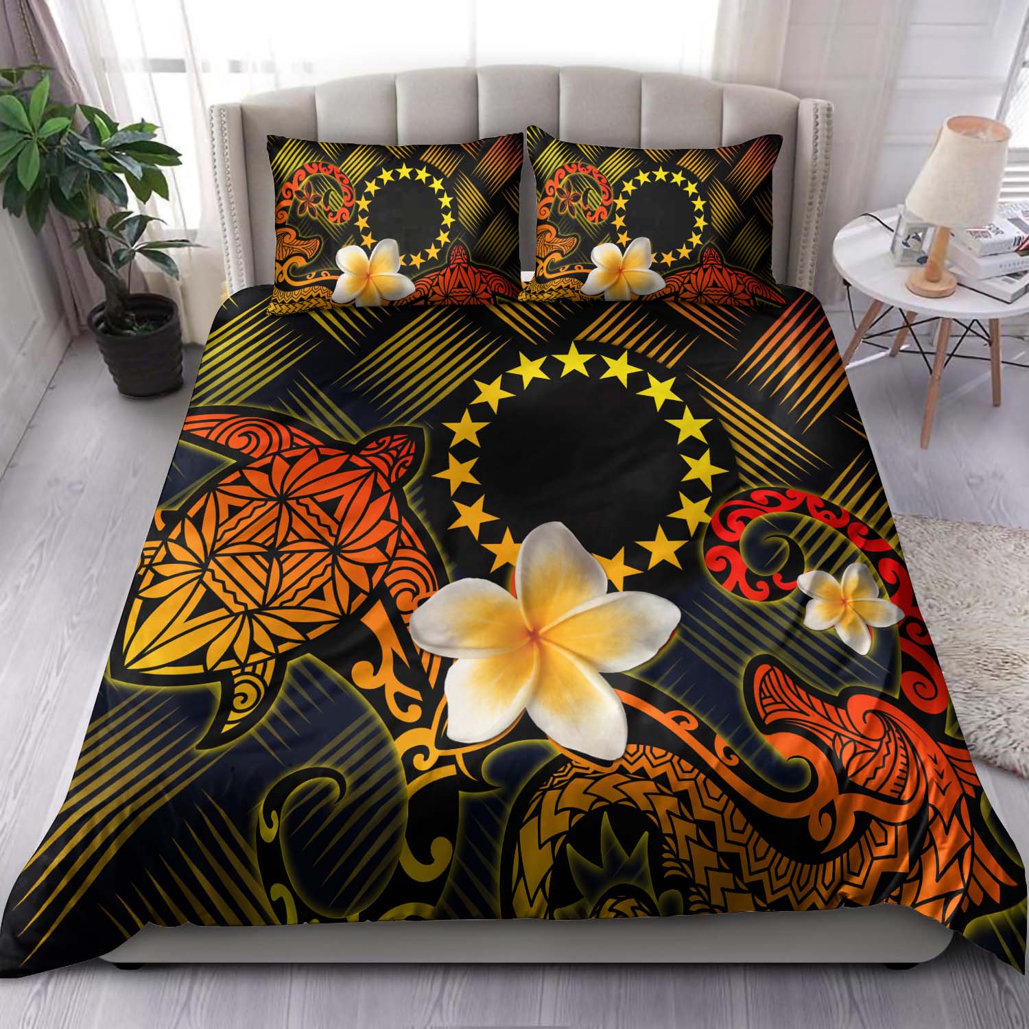 Cook Islands Polynesian Bedding Set Lauhala Turtle Plumeria Tropical