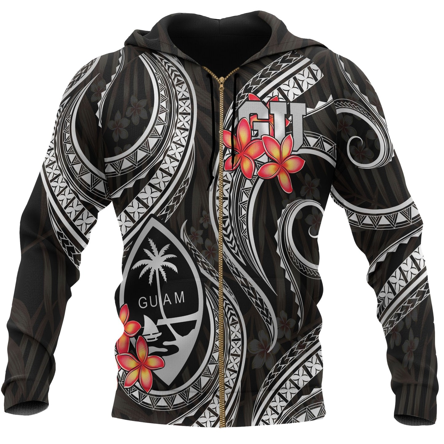 Guam Polynesian Zip Up Hoodie Black Plumeria