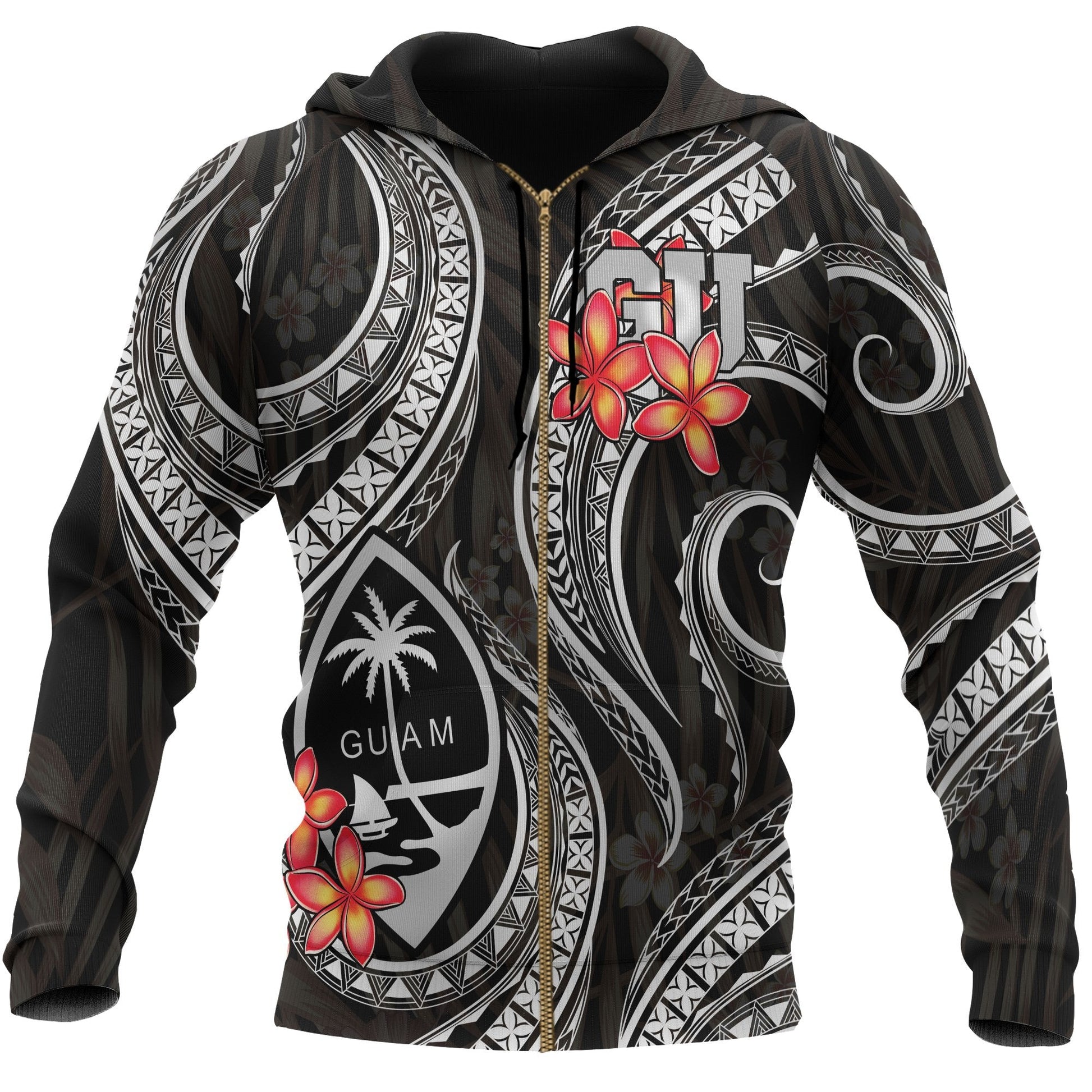 Guam Polynesian Zip Up Hoodie Black Plumeria