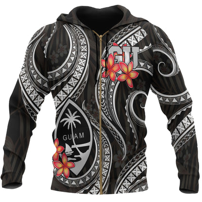 Guam Polynesian Zip Up Hoodie Black Plumeria