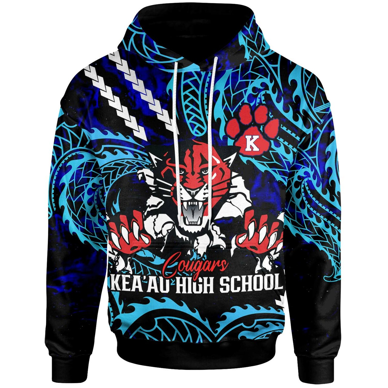 Hawaii Hoodie Keaau High School Cougars with Polynesian Patterns Galaxy