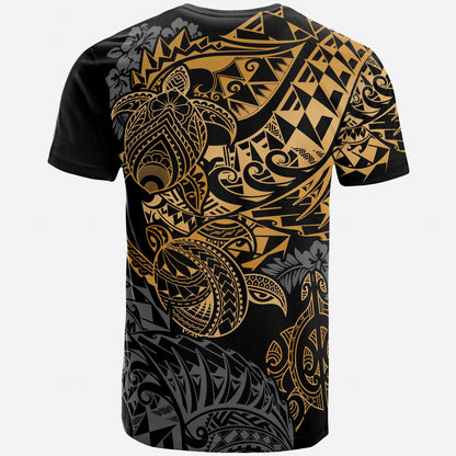 Hawaii T-Shirt - Polynesian Gold Kanaka Maoli Turtle Hibiscus Flowing