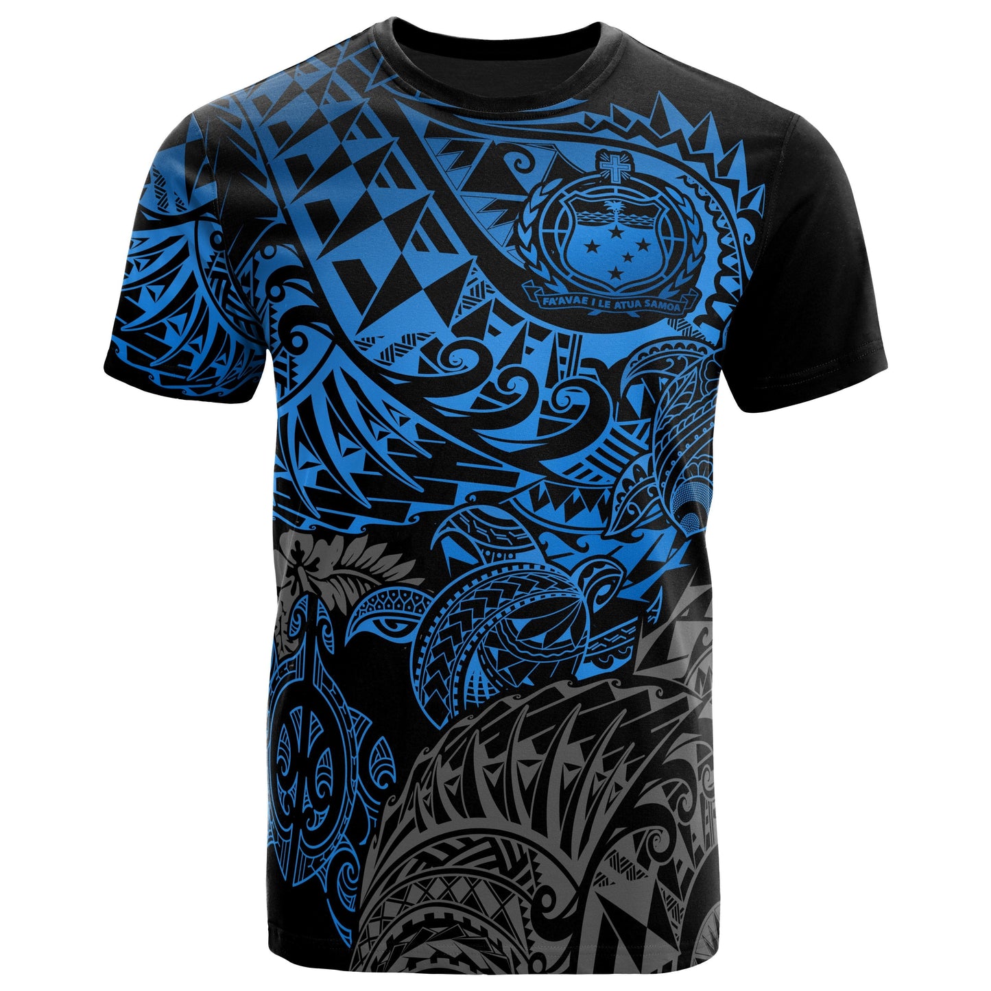 Samoa Polynesian T - Shirt - Samoa Coat Of Arms Blue Turtle Flowing