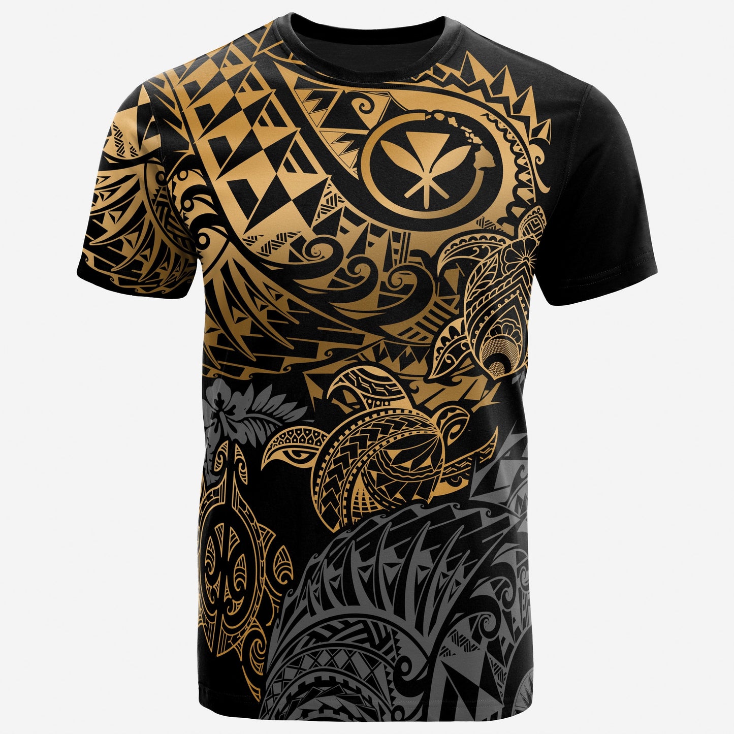 Hawaii T-Shirt - Polynesian Gold Kanaka Maoli Turtle Hibiscus Flowing