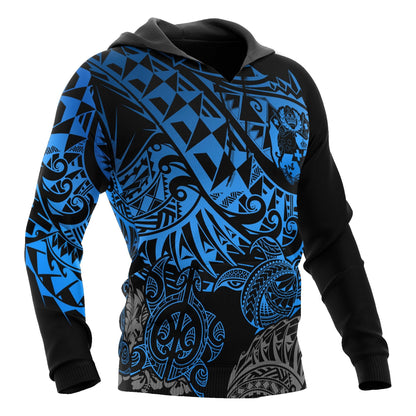 Tonga Polynesian Hoodie Blue Turtle Flowing