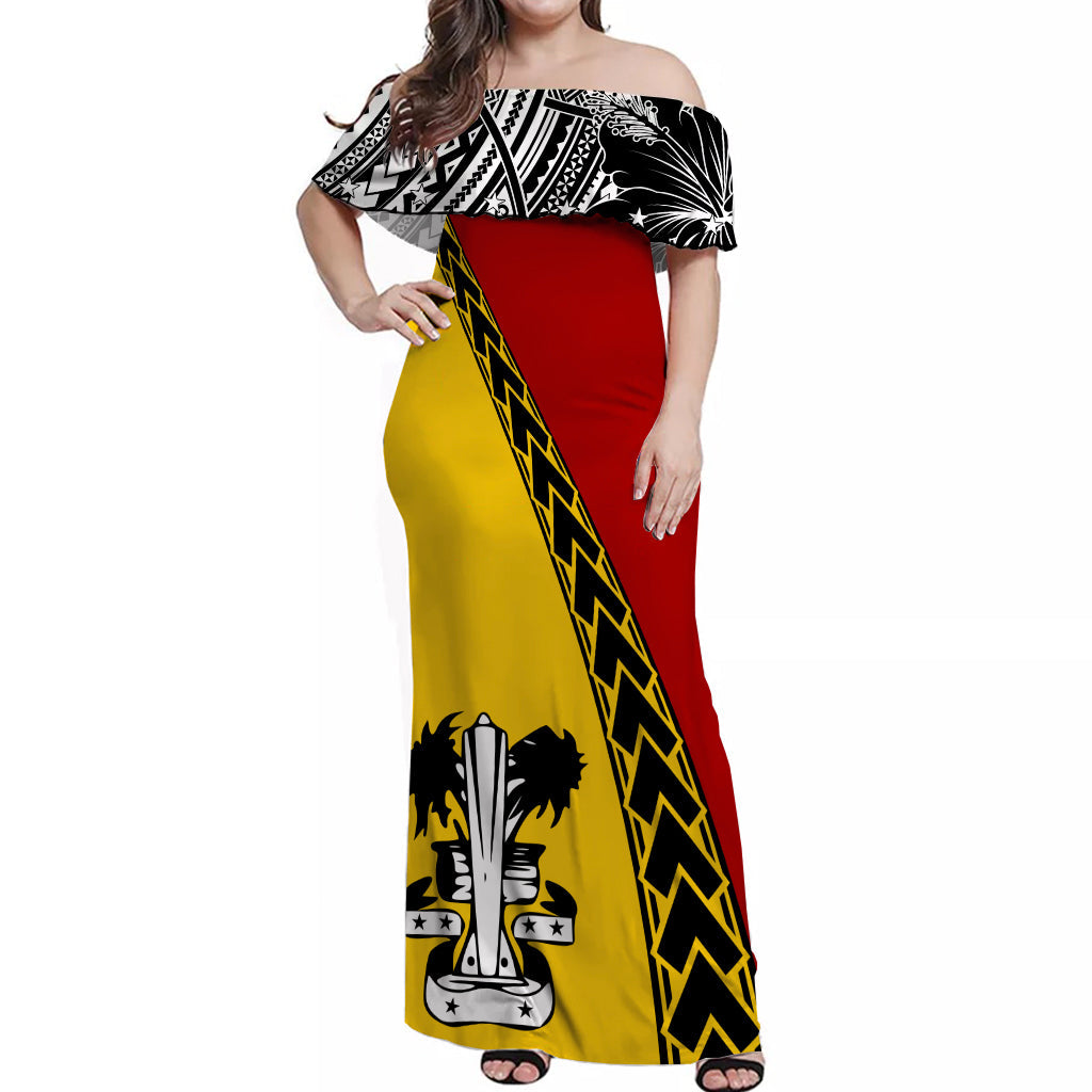 PNG Hibiscus Tribal Pattern Off Shoulder Long Dress Madang Province