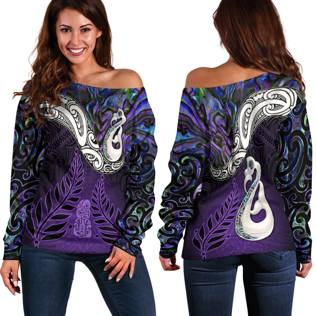 New Zealand Maori Off Shoulder Sweater Manaia Paua Shell Glitter Purple