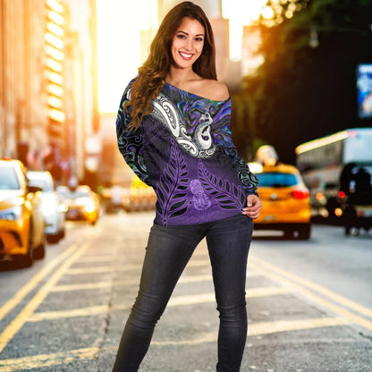 New Zealand Maori Off Shoulder Sweater Manaia Paua Shell Glitter Purple