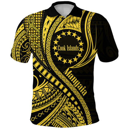 Mangaia Cook Islands Polo Shirt Gold Polynesian Wave Style