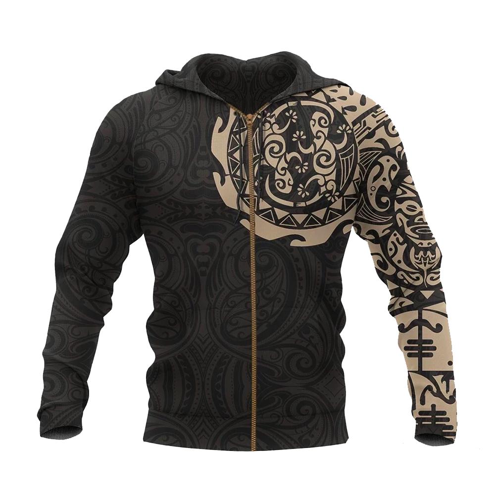 Maori Tattoo Hoodie, New Zealand Lizard Zip Up Hoodie Tan