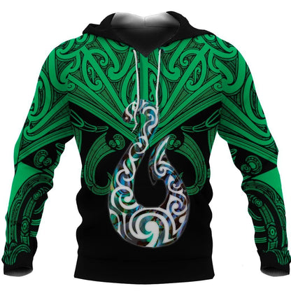Maori Tattoo Hoodie Hei Matau Abalone Green