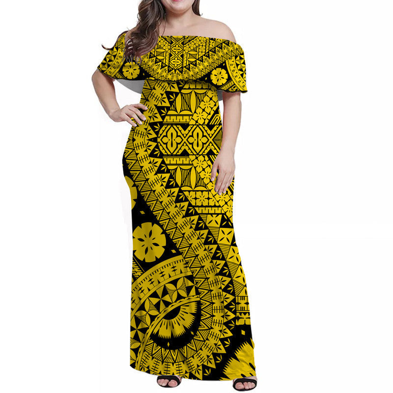 Polynesian Masi Kesa Gold Style Women Off Shoulder Long Dress
