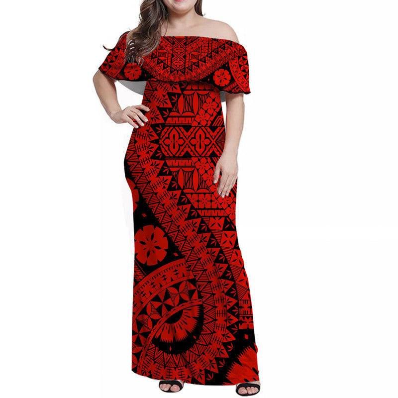 Polynesian Masi Kesa Red Style Women Off Shoulder Long Dress