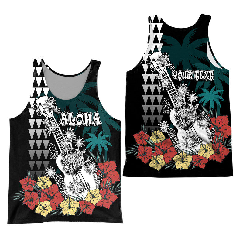 Custom Personalised Hawaii Ukulele Mix Hibiscus and Coconut Tree Men Tank Top Aloha Vintage Black Version