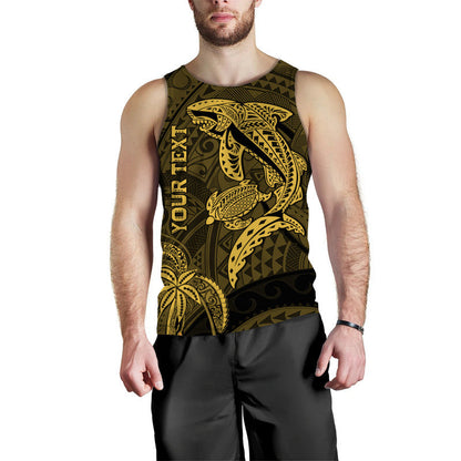 Custom Personalised Hawaii Men Tank Top Shark and Turtle Mix Kakau Gold