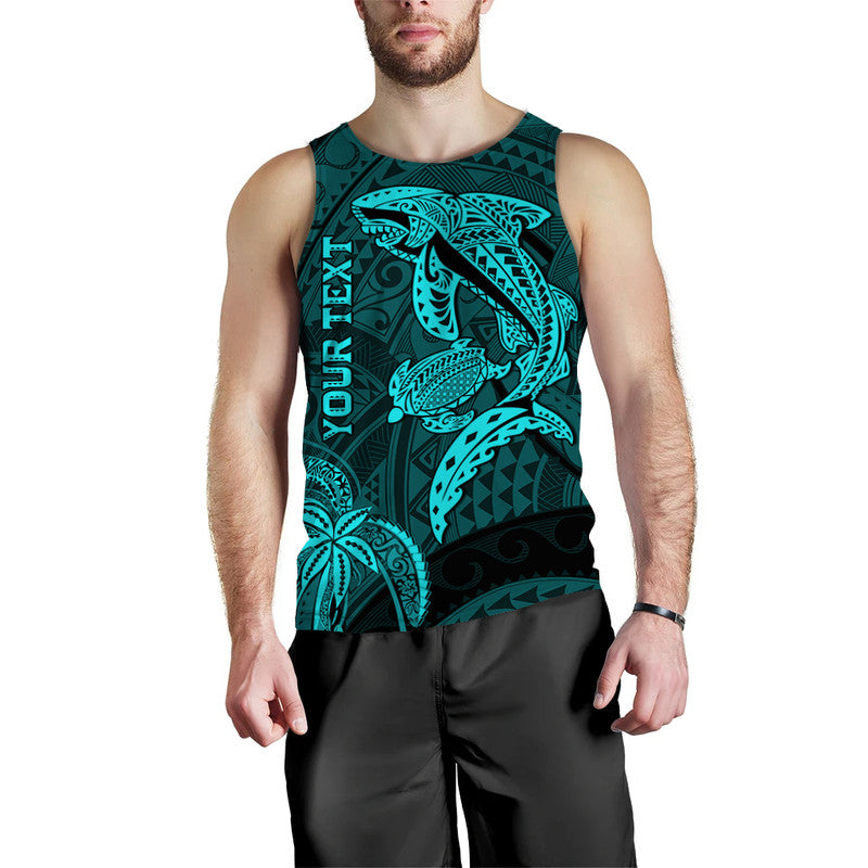 Custom Personalised Hawaii Men Tank Top Shark and Turtle Mix Kakau Turquoise