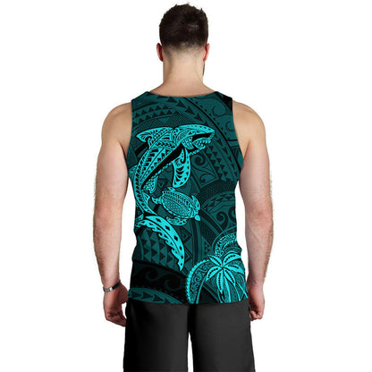 Custom Personalised Hawaii Men Tank Top Shark and Turtle Mix Kakau Turquoise