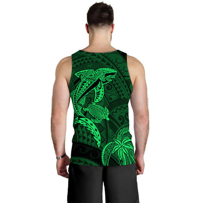 Hawaii Men Tank Top Shark and Turtle Mix Kakau Green