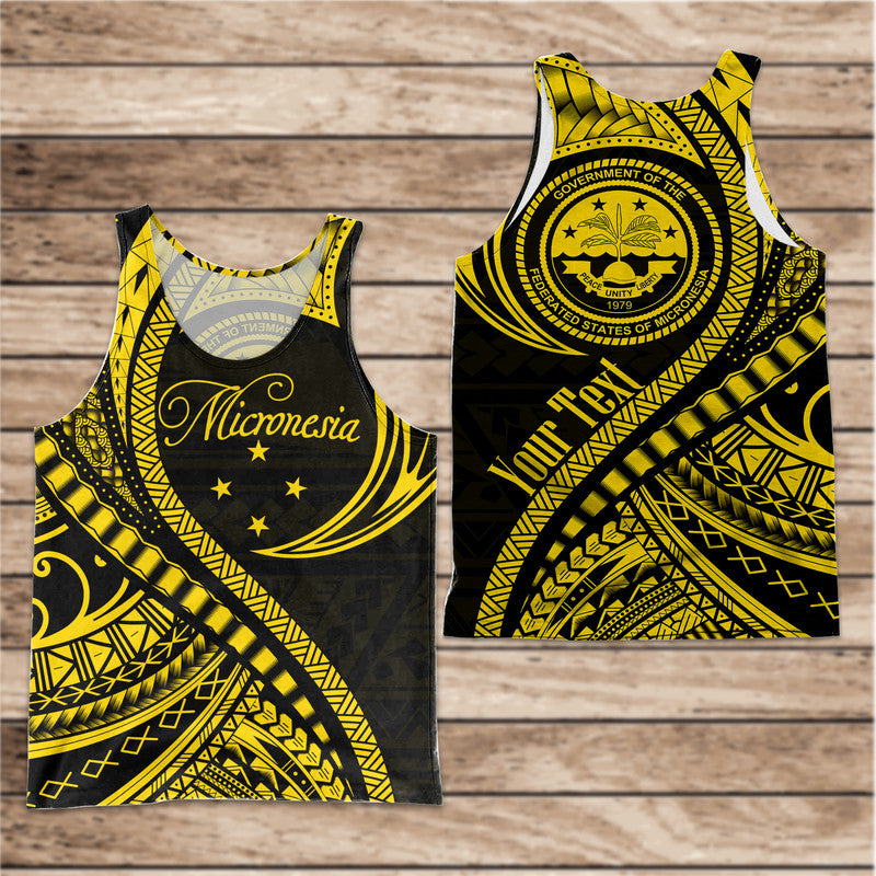 Custom Personalised Federated States of Micronesia Men Tank Top Gold Polynesian Wave Style