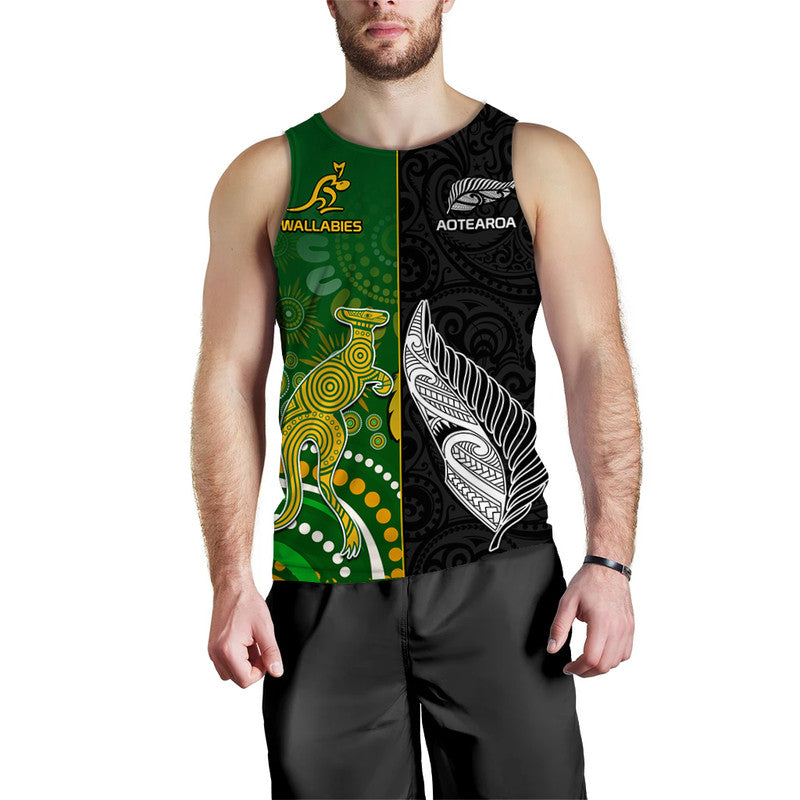 Aotearoa Rugby All Black Combine Australia Wallabies Men Tank Top Aboriginal Kangaroo And Maori Fern