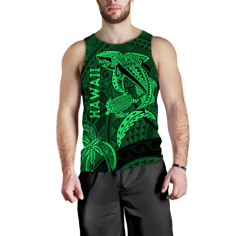 Hawaii Men Tank Top Shark and Turtle Mix Kakau Green