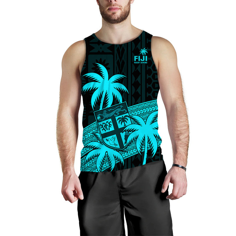 Fiji Rugby Sevens Men Tank Top Tapa Palm Tree and Fijian Coat of Arms