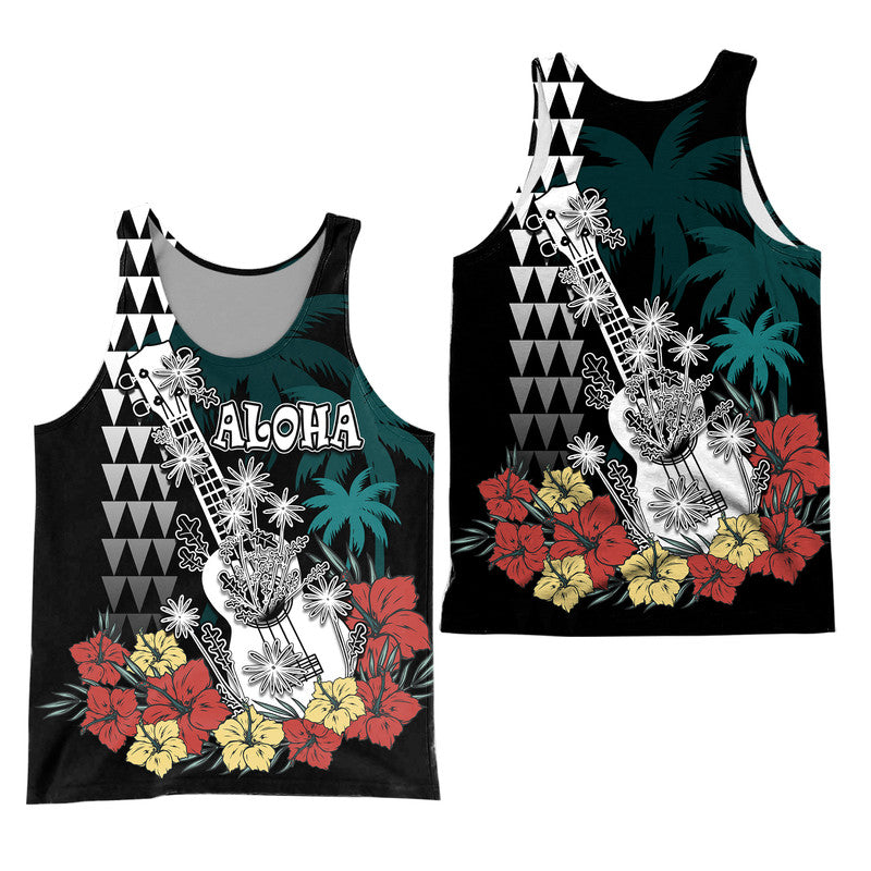 Hawaii Ukulele Mix Hibiscus and Coconut Tree Men Tank Top Aloha Vintage Black Version