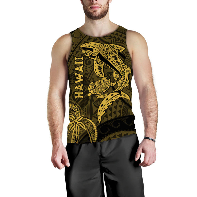 Hawaii Men Tank Top Shark and Turtle Mix Kakau Gold