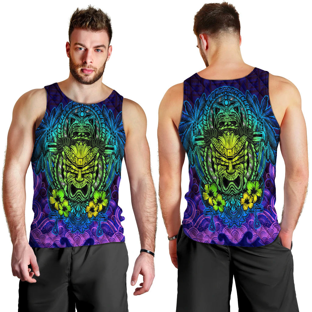 Polynesian Hawaii Men Tank Top Hawaiian Green Yellow Tiki Face