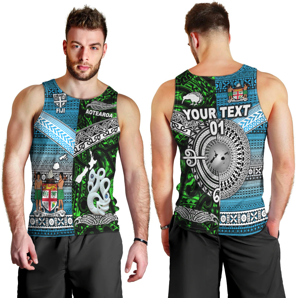 Custom Personalised New Zealand Maori Aotearoa Fiji Tapa Together Men Tank Top Green, Custom Text And Number