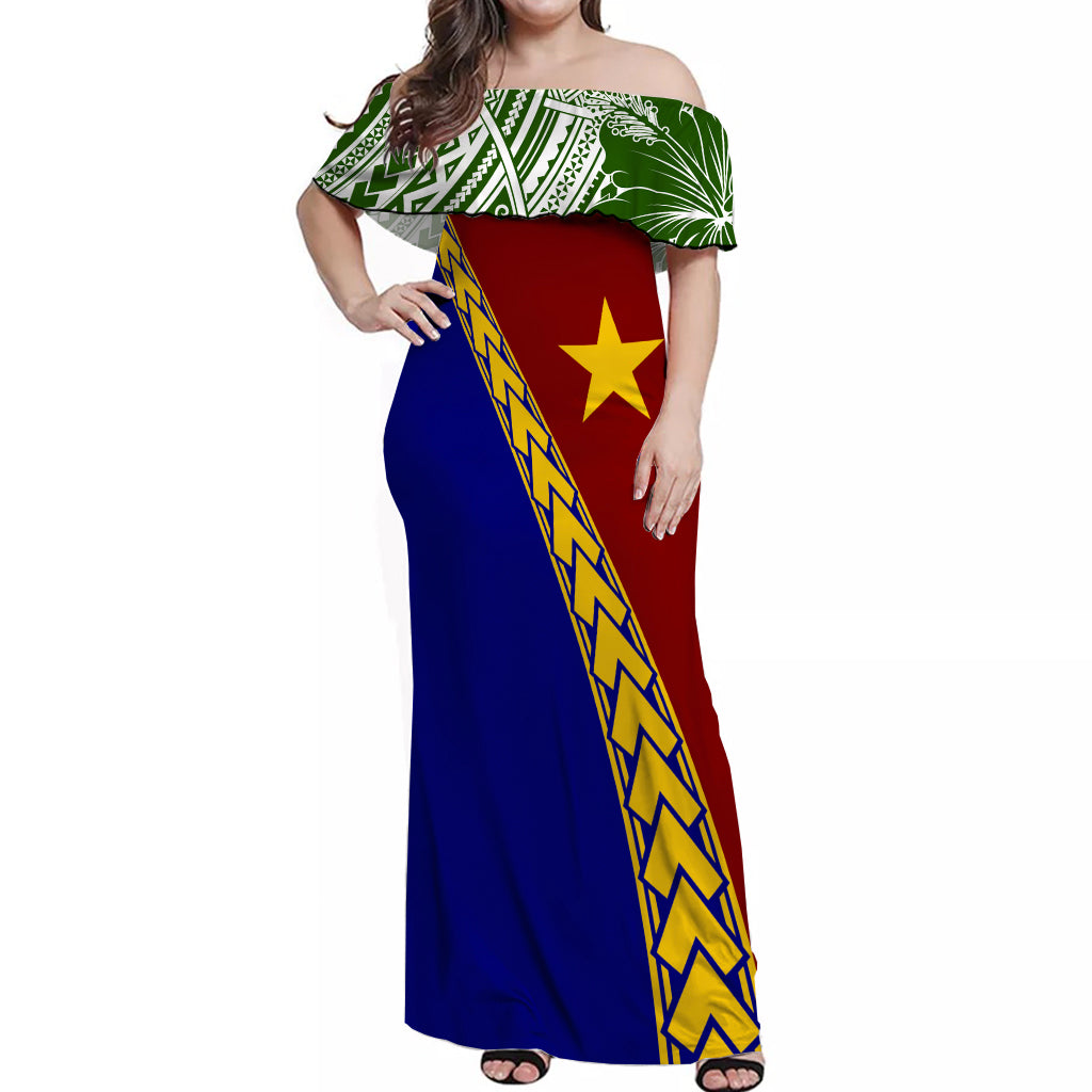 PNG Hibiscus Tribal Pattern Off Shoulder Long Dress Milne Bay Province