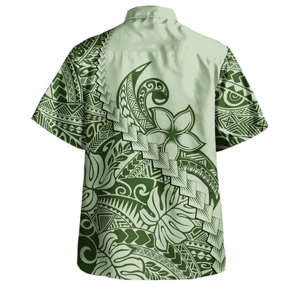 Polynesian Tribal Hawaiian Shirt Plumeria Flowers Pattern Tropical Island Green Hawaii Shirt