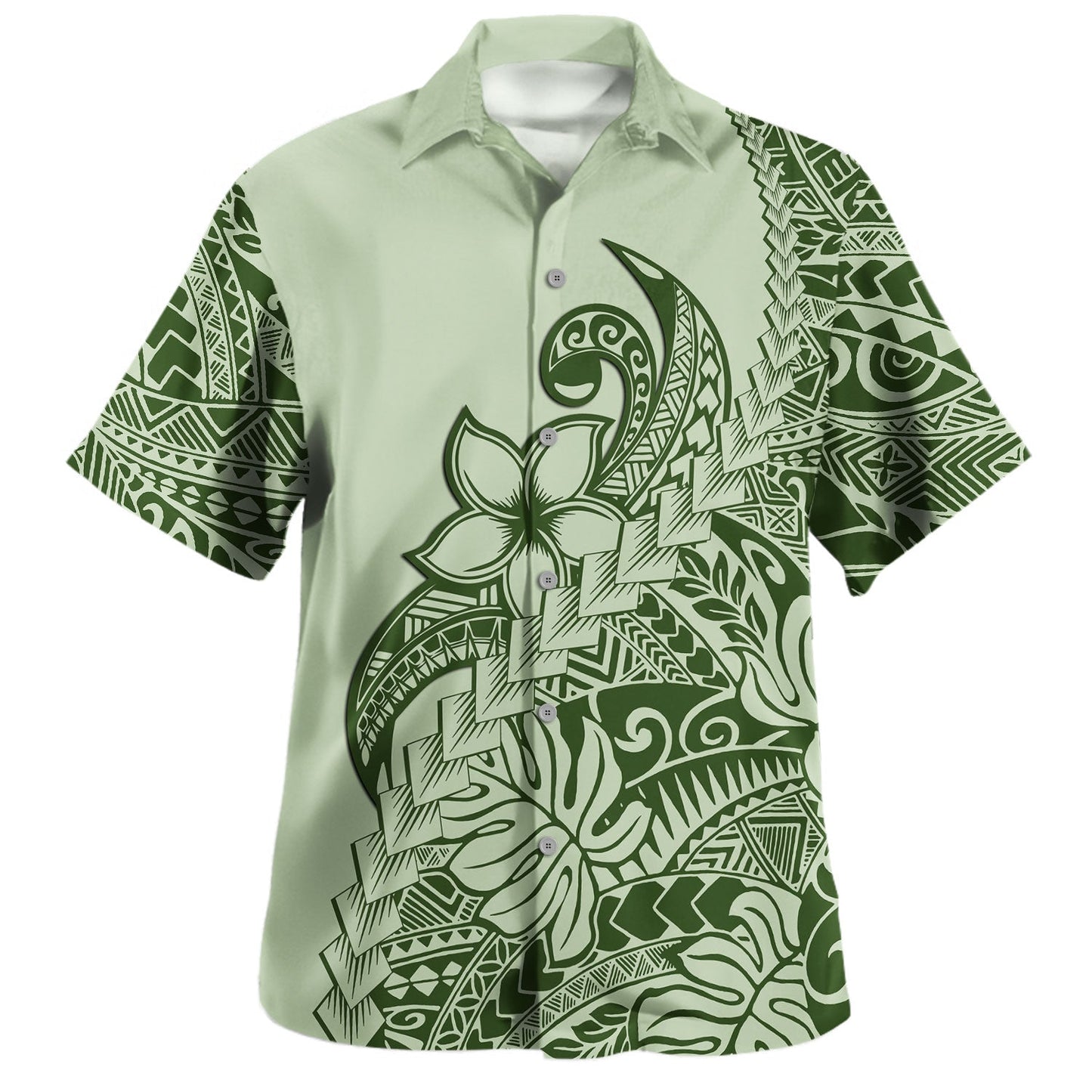 Polynesian Tribal Hawaiian Shirt Plumeria Flowers Pattern Tropical Island Green Hawaii Shirt