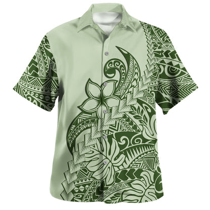 Polynesian Tribal Hawaiian Shirt Plumeria Flowers Pattern Tropical Island Green Hawaii Shirt