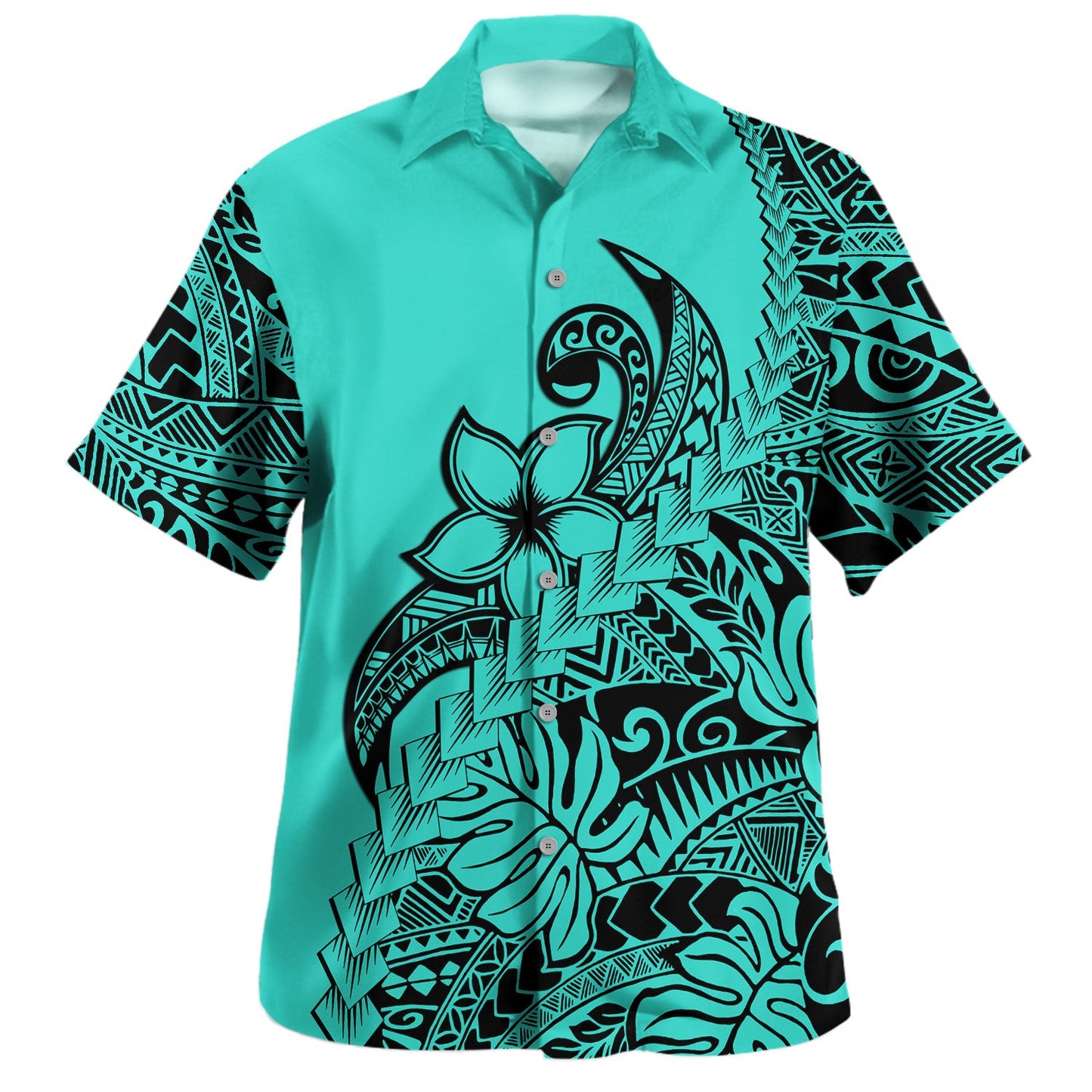 Polynesian Tribal Hawaiian Shirt Plumeria Flowers Pattern Tropical Island Turquoise Hawaii Shirt