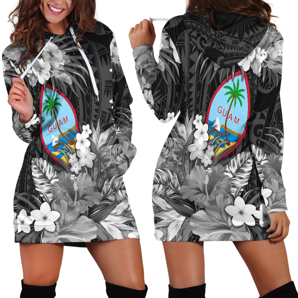 Guam Polynesian Hoodie Dress Tropical Flowers Black