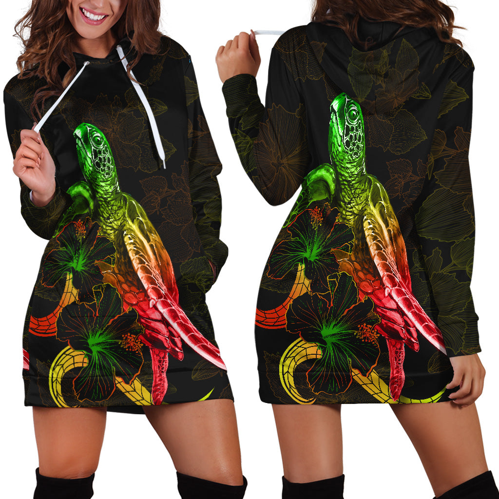 Polynesian Hoodie Dress Turtle With Blooming Hibiscus Reggae