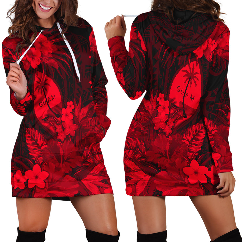 Guam Polynesian Hoodie Dress Tropical Flowers Red
