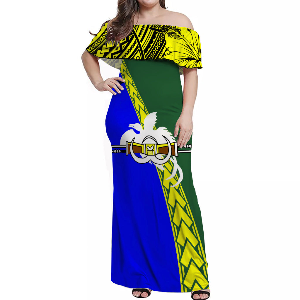 PNG Hibiscus Tribal Pattern Off Shoulder Long Dress Morobe Province