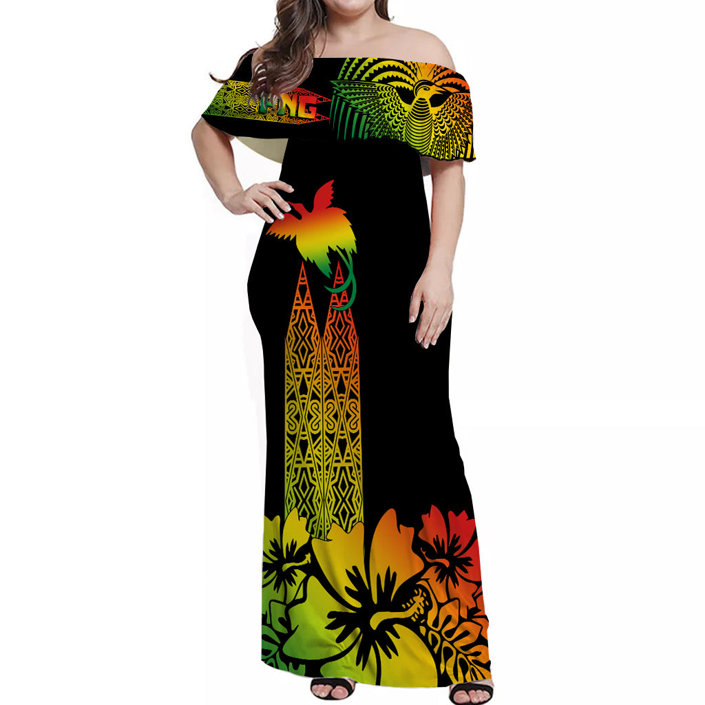 PNG Hibiscus Tribal Pattern Off Shoulder Long Dress Motuan Reggae Color