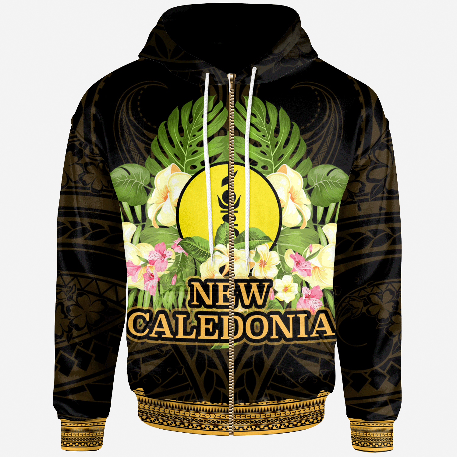 New Caledonia Zip Hoodie Polynesian Gold Patterns Collection