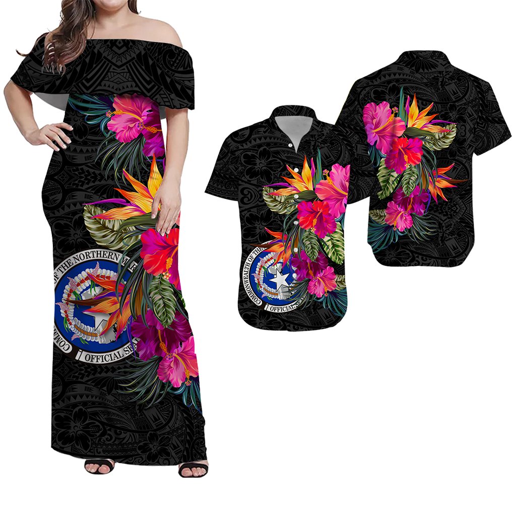 Matching Outfits For Couples Northern Mariana Islands Hibiscus Polynesian Tribal Combo Dress And Hawaiian Shirt
