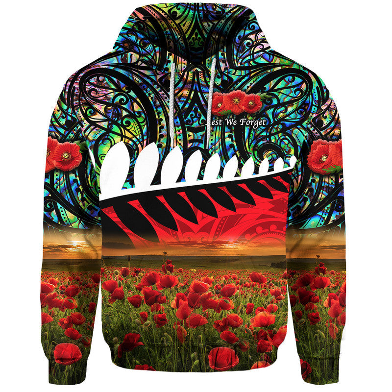 New Zealand Maori ANZAC Zip Up And Pullover Hoodie Poppy Vibes Paua Shell