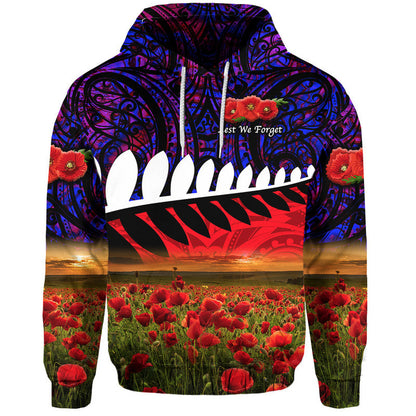 New Zealand Maori ANZAC Zip Up And Pullover Hoodie Poppy Vibes Purple Siver Fern Hoodie