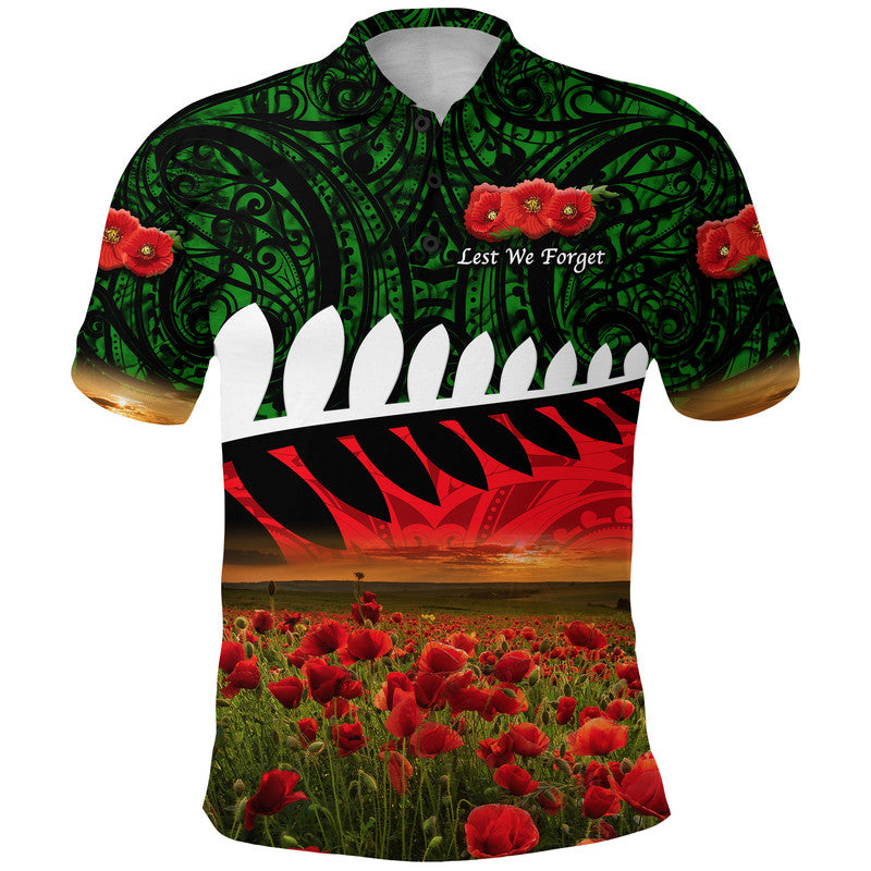 Custom Personalised New Zealand Maori ANZAC Polo Shirt Poppy Vibes - Green